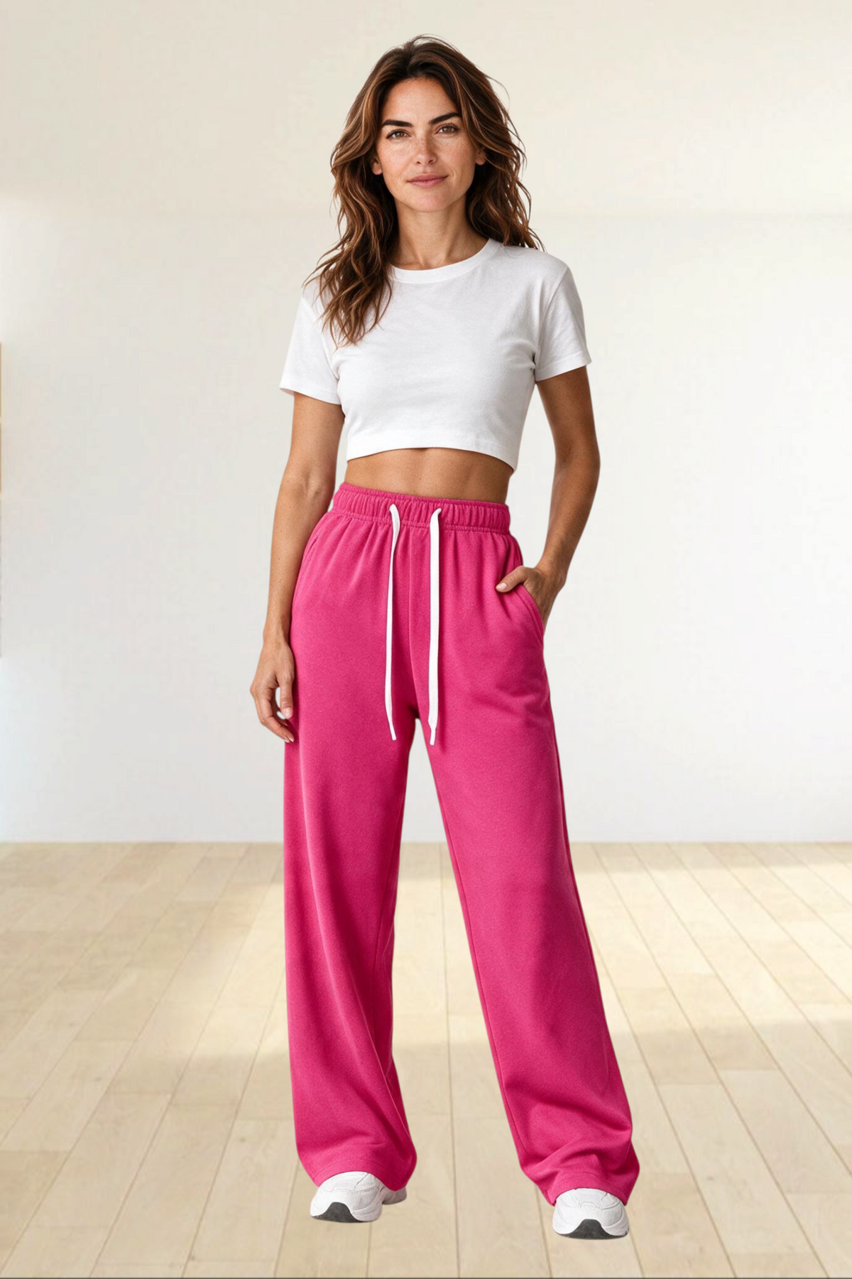 Baya Wear women's high waisted wide leg lounge sweatpants in solid pink polyester fleece with an adjustable drawcord