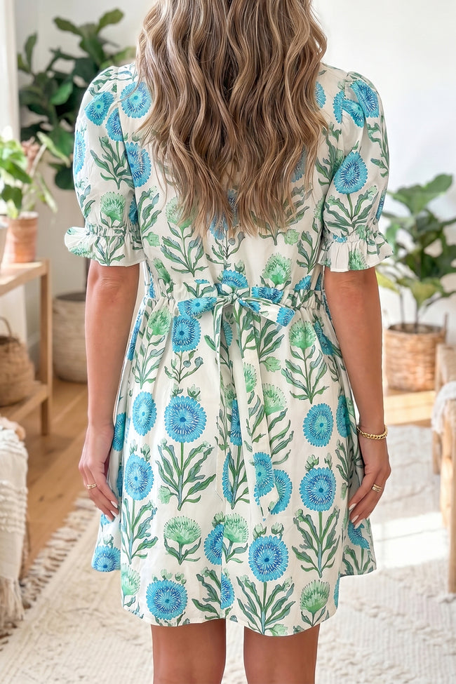 Sky Blue Floral Print Half Button Frilly Short Sleeve Dress Main Image