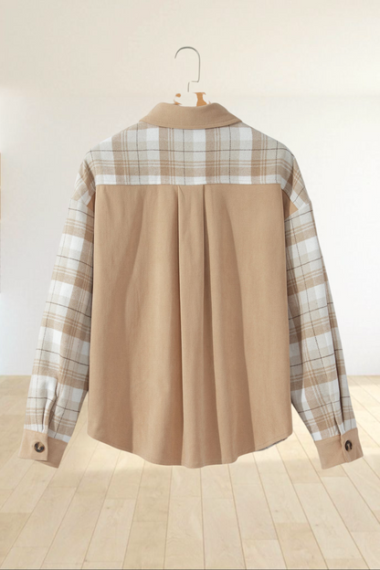 Baya Wear light French beige colorblock shacket with cream and beige plaid sleeves and back panel detail.