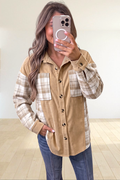 Baya Wear light French beige colorblock shacket featuring a cream and beige plaid pattern and button-front closure.