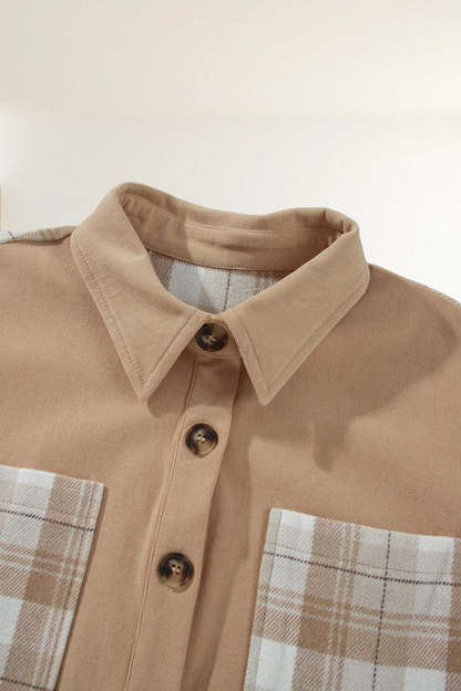 Baya Wear light French beige colorblock shacket with cream and beige plaid panels, collar, and button-front closure.
