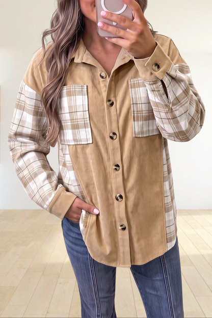 Baya Wear light French beige and cream plaid colorblock shacket with button-front closure and chest pockets.