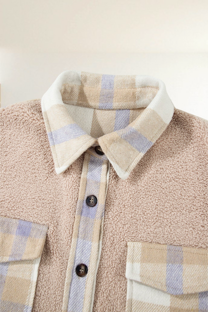 Baya Wear longline teddy fleece shacket in beige with plaid patchwork collar and button placket detail