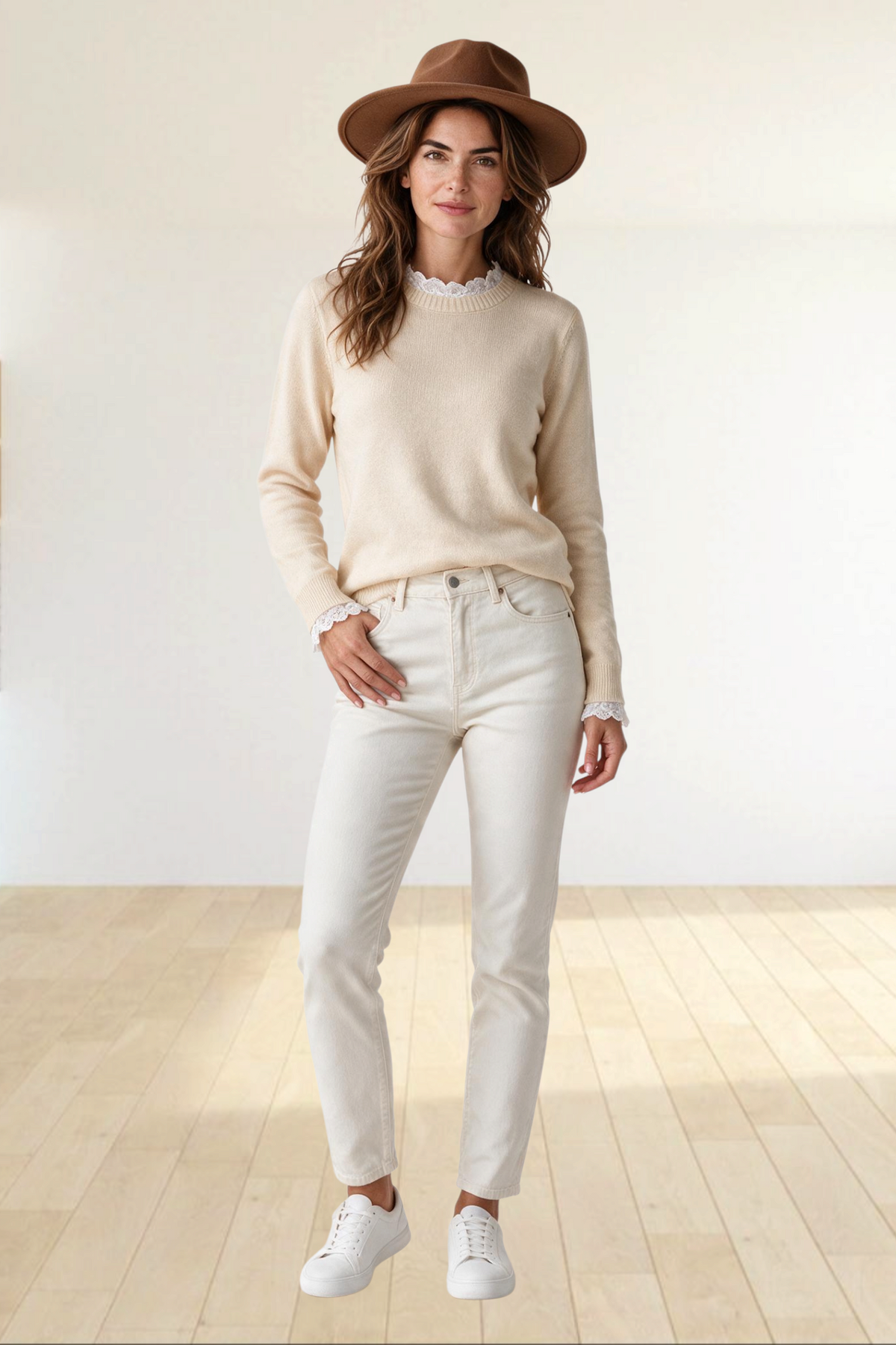 Baya Wear beige ribbed knit long sleeve crew neck sweater worn by a woman with a brown hat and white jeans
