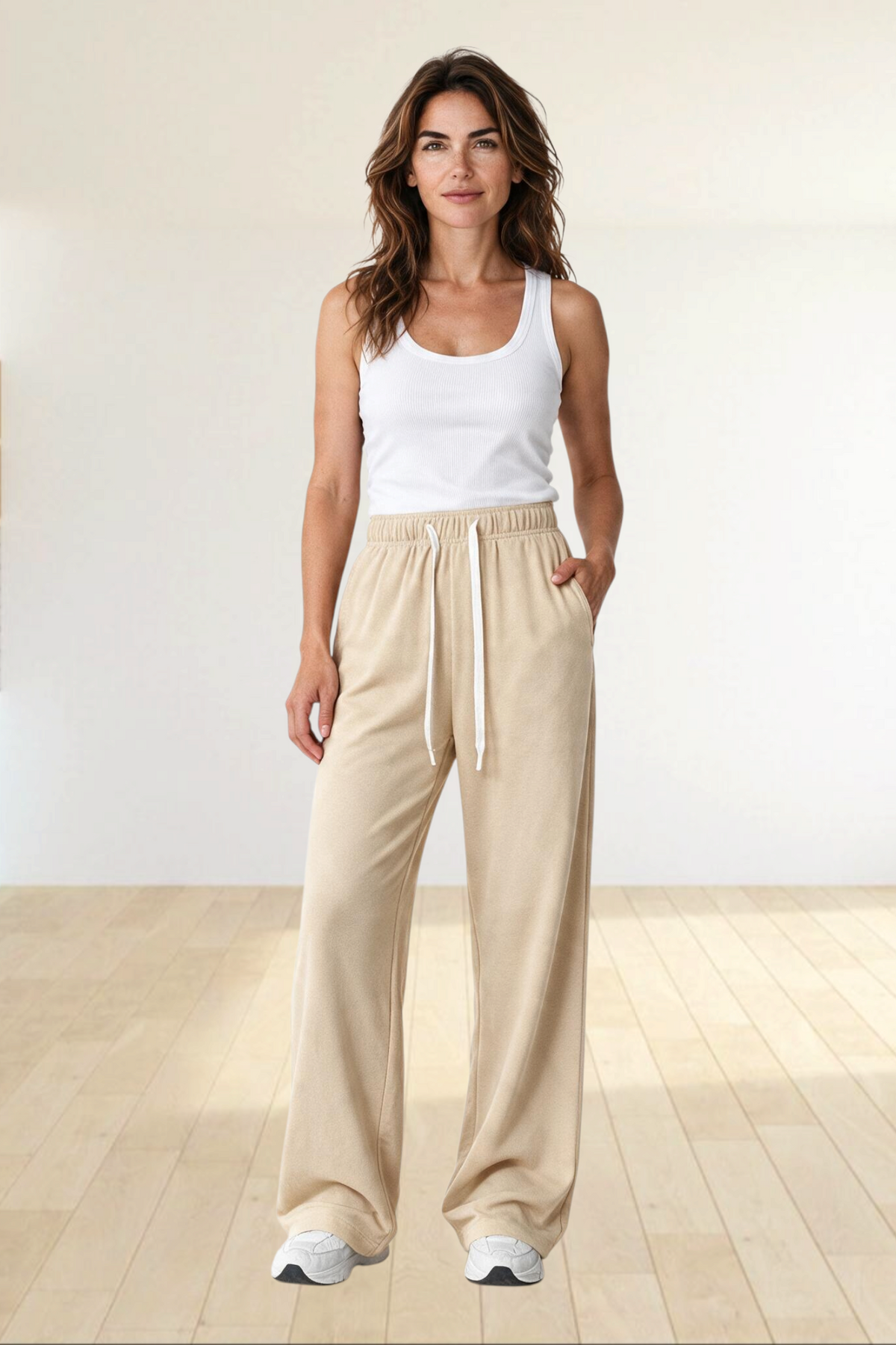 Baya Wear women's beige high-waisted wide-leg fleece lounge sweatpants with an adjustable drawcord in a relaxed fit.