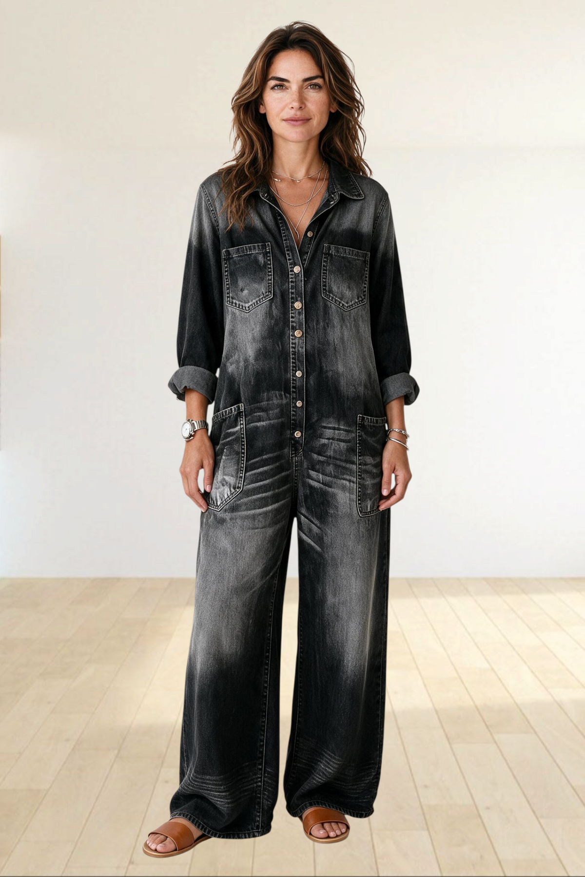 Baya Wear casual black acid wash denim jumpsuit with button-down front, chest pockets, and wide-leg fit on a model.