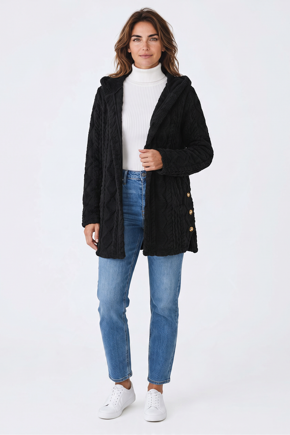 Baya Wear black hooded fleece cardigan with cable-style texture, button front, and decorative side buttons on model