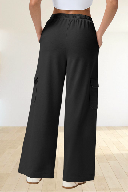 Baya Wear black high waisted wide leg cargo sweatpants with side patch pockets and elastic drawstring waist