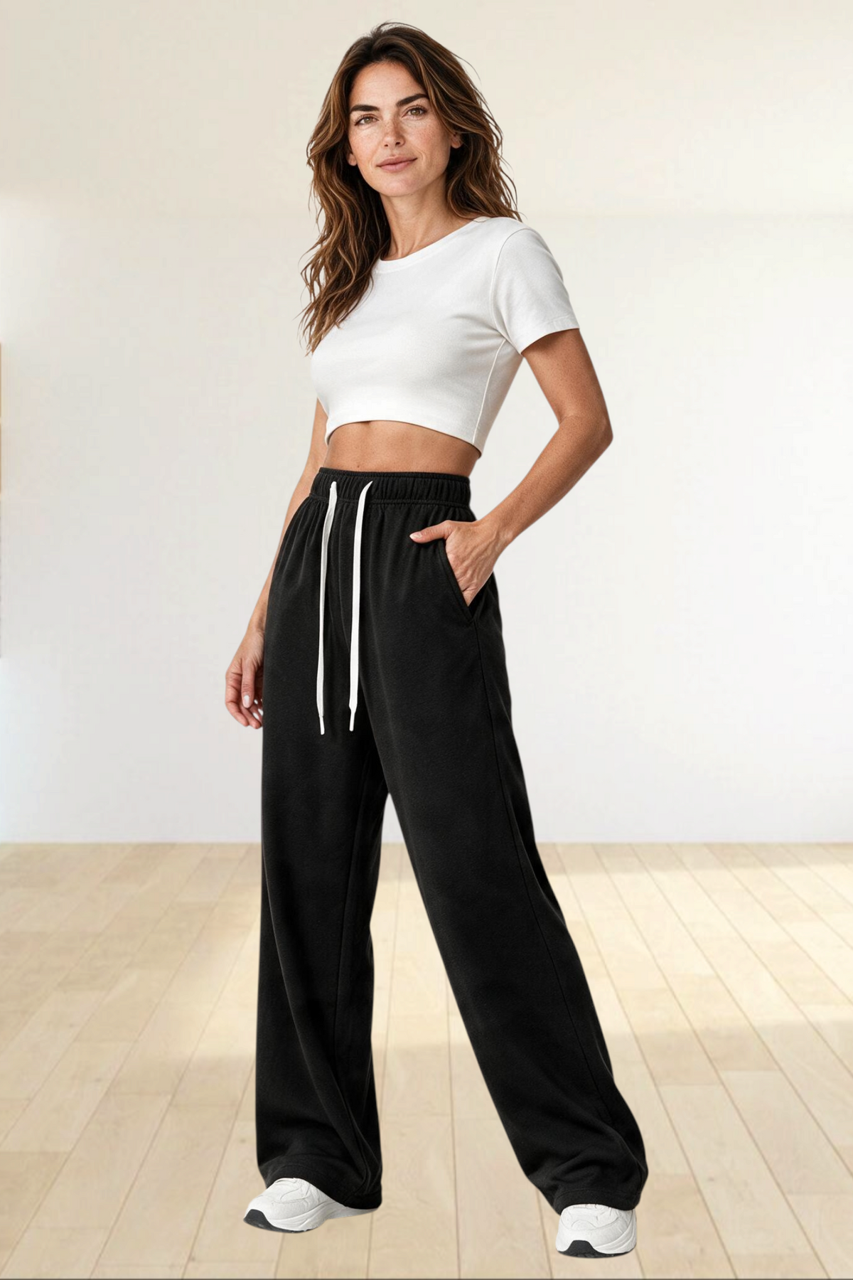 Baya Wear women's black high-waisted wide-leg fleece lounge sweatpants with an adjustable white drawcord