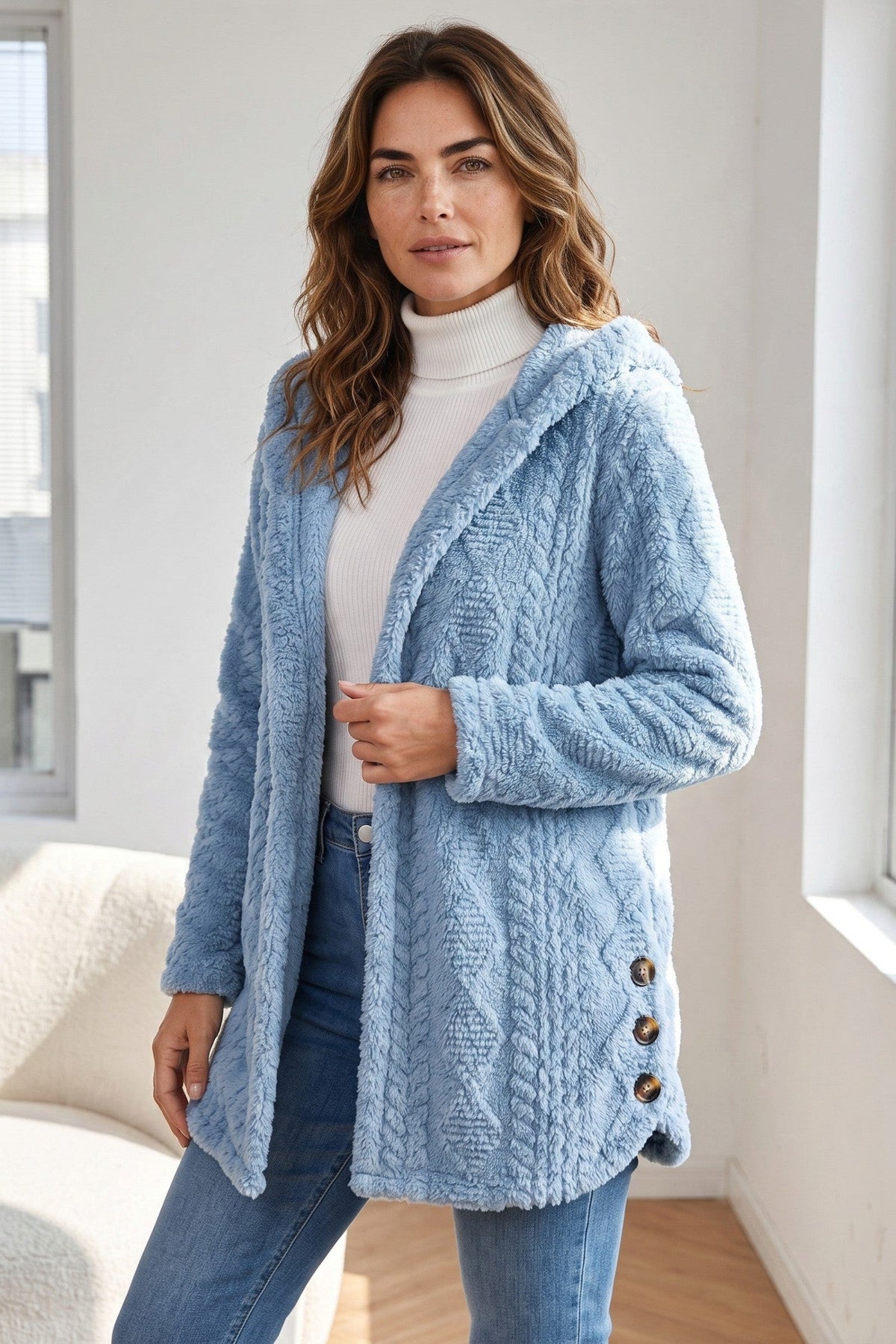 Baya Wear light blue hooded fleece cardigan with cable-style texture, button-front, and decorative side buttons.