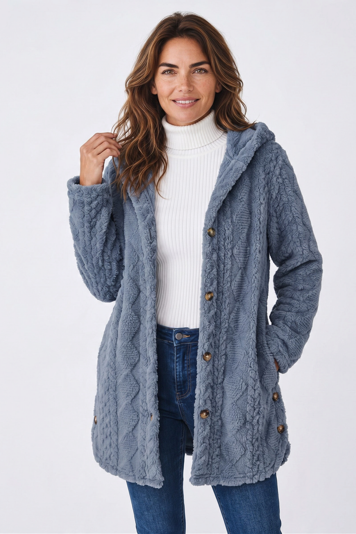 Baya Wear blue hooded fleece cardigan with cable-style texture, button-front, and decorative side buttons.