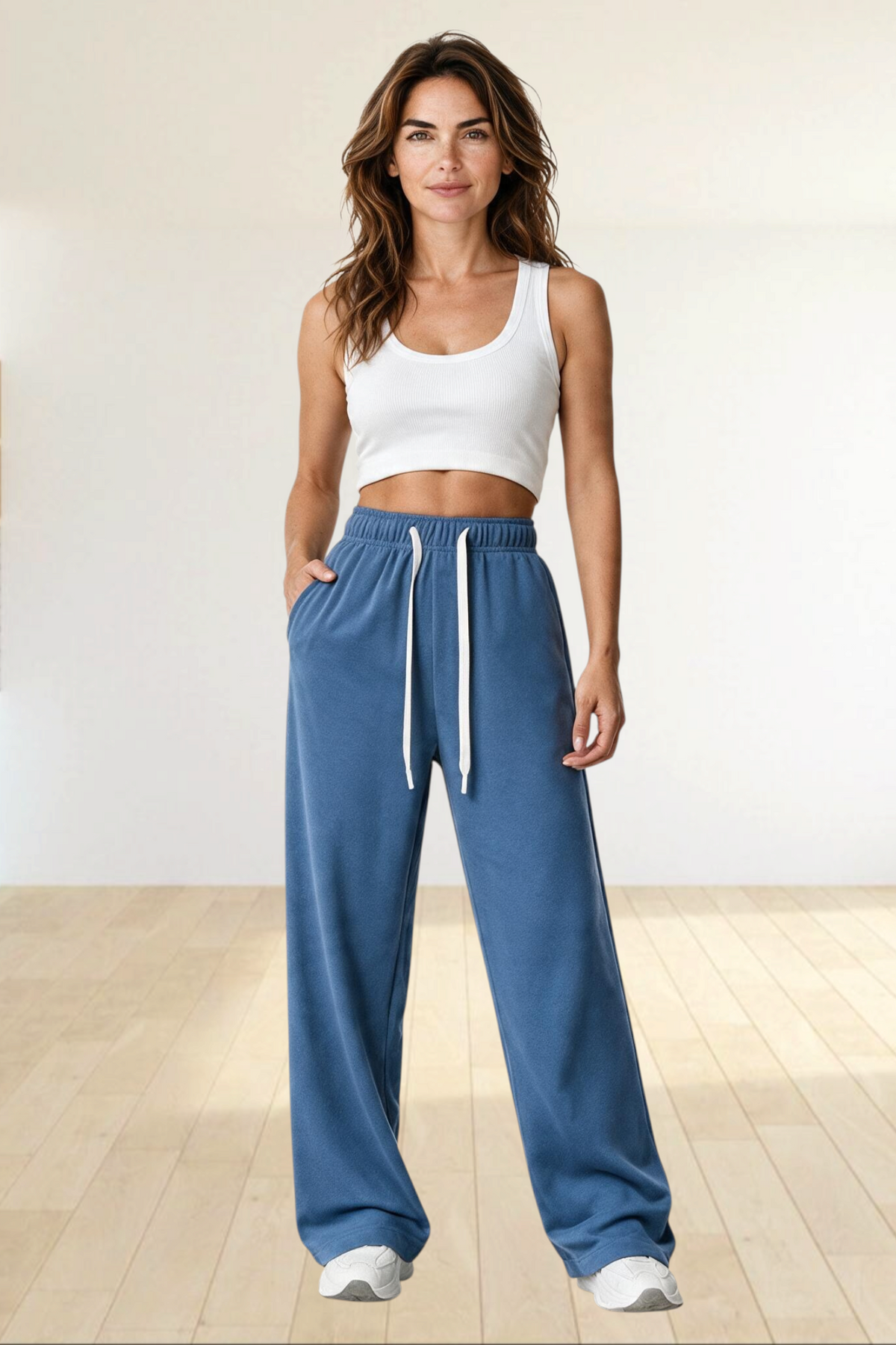 Baya Wear women's blue high waisted wide leg fleece lounge sweatpants with adjustable drawcord in a relaxed fit
