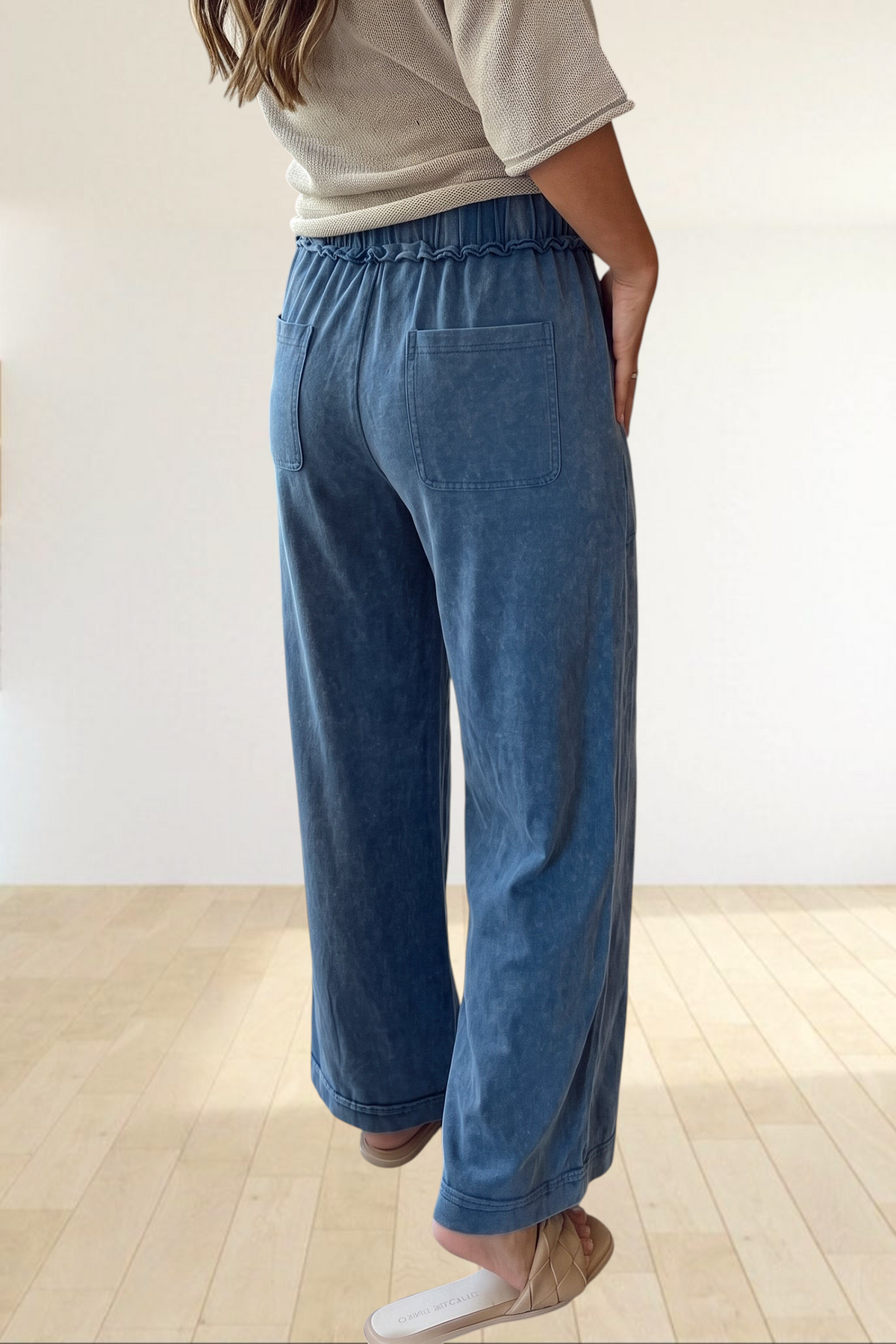 Baya Wear blue mineral wash wide leg lounge pants with drawstring waist, seam details, and back pockets