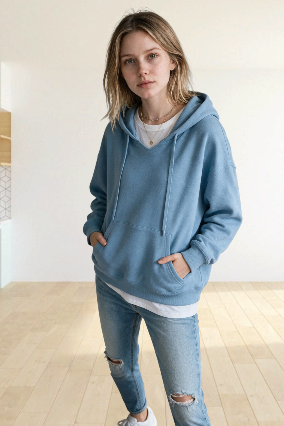 A woman wearing a Baya Wear blue oversized pullover hoodie with a kangaroo pocket and ribbed cuffs in a bright room.