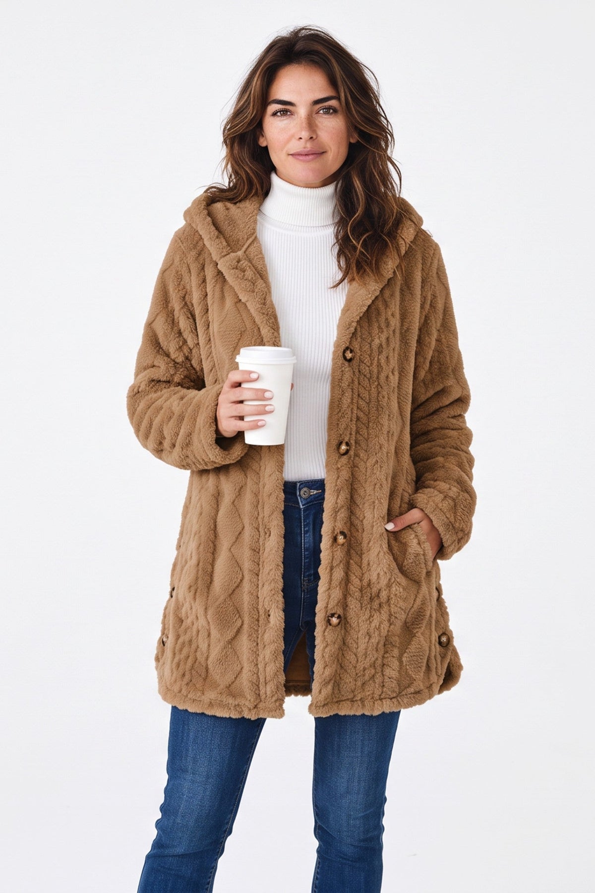 Baya Wear brown hooded fleece cardigan with cable texture, button front, and decorative side buttons on a model.