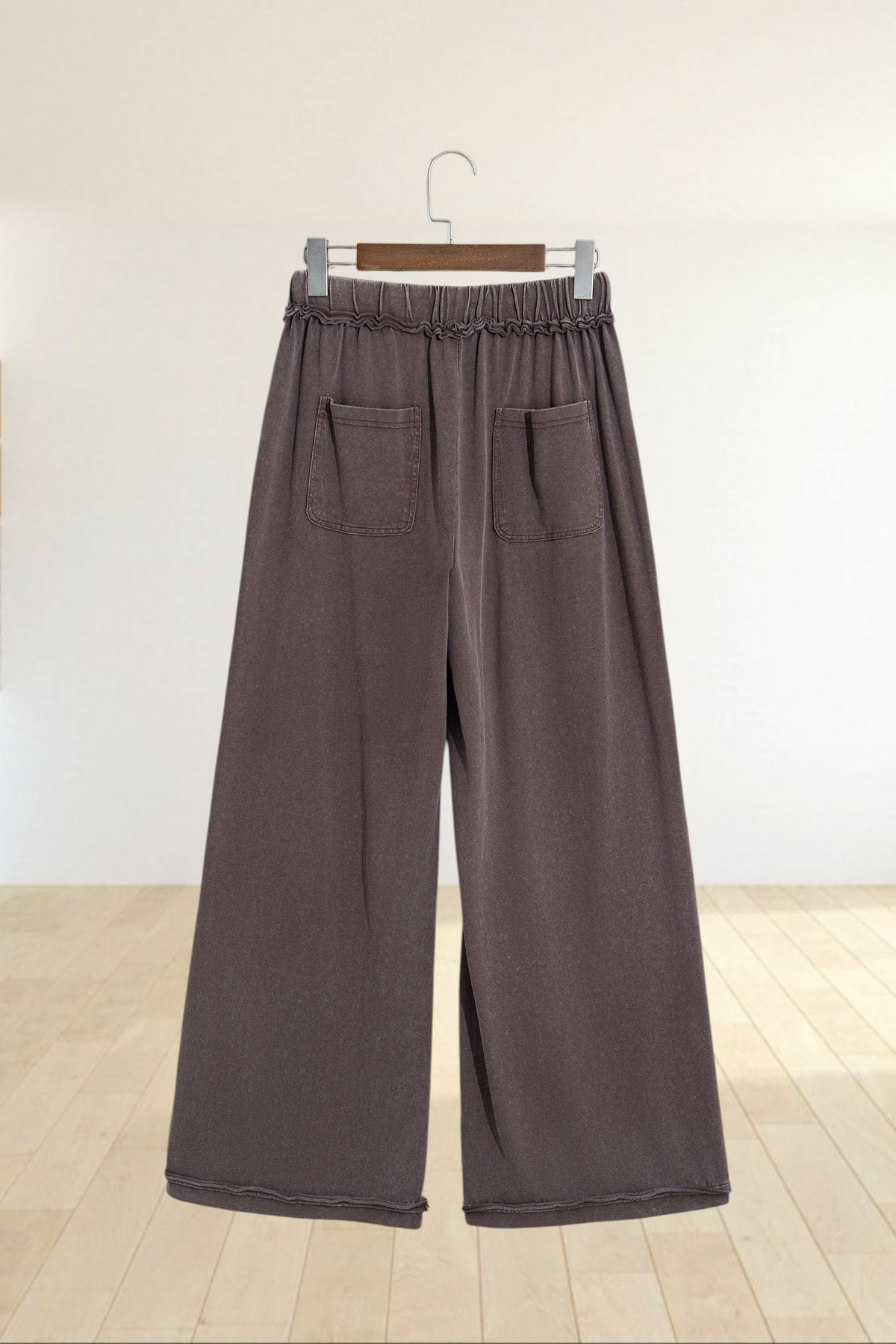 Baya Wear mineral wash wide leg lounge pants in dark brown with a drawstring waist and back patch pockets