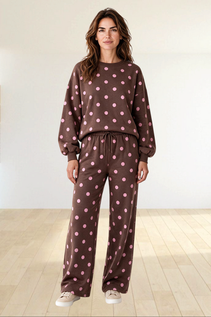 Baya Wear brown and pink polka dot lounge set with a crewneck balloon sleeve sweatshirt and wide leg pants