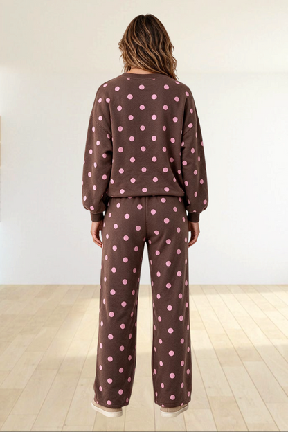 Baya Wear brown and pink polka dot lounge set with crewneck sweatshirt and wide leg pants, back view