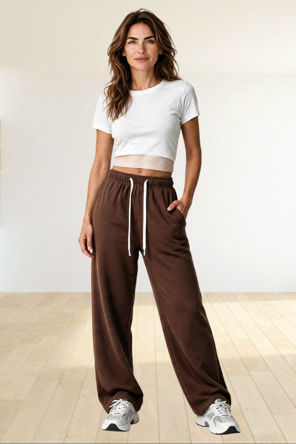 Baya Wear women's brown wide leg lounge sweatpants in polyester fleece with an adjustable white drawcord waist.