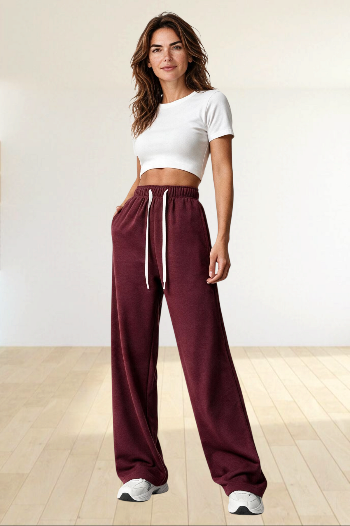 Baya Wear women's high waisted wide leg lounge sweatpants in burgundy polyester fleece with an adjustable drawcord