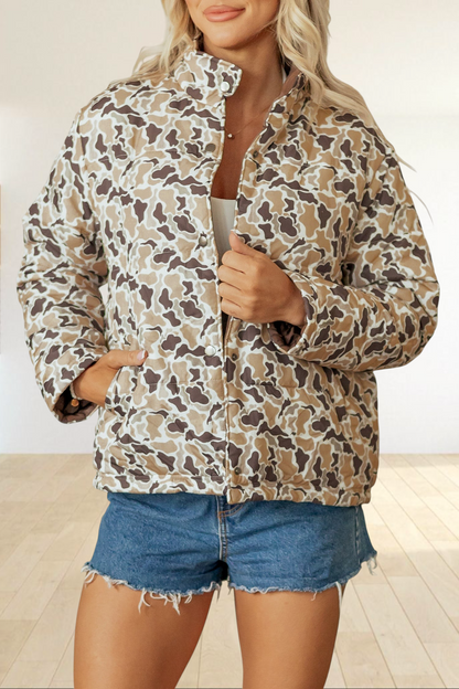 Baya Wear multicolour camouflage quilted puffer jacket with a high neck, snap button closure, and side pockets.