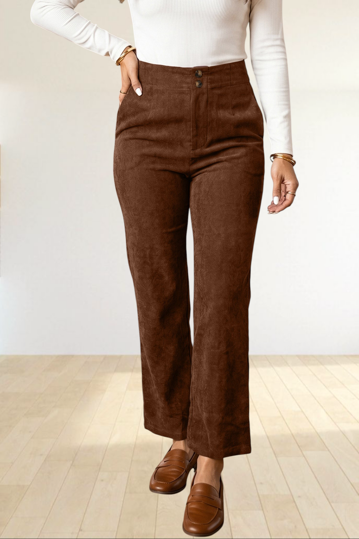 Baya Wear coffee brown high waisted straight leg corduroy trousers with a double button closure and ankle length cut