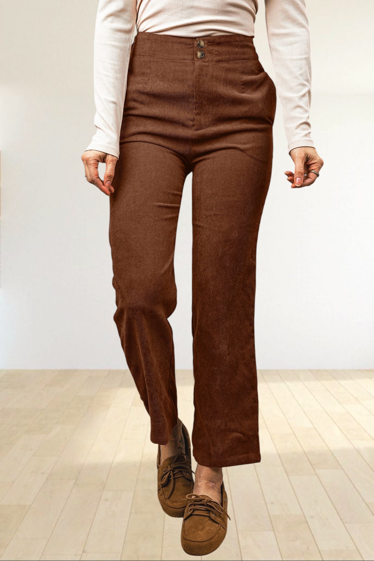 Baya Wear coffee brown high-waisted corduroy trousers with a straight-leg cut and double-button front closure.