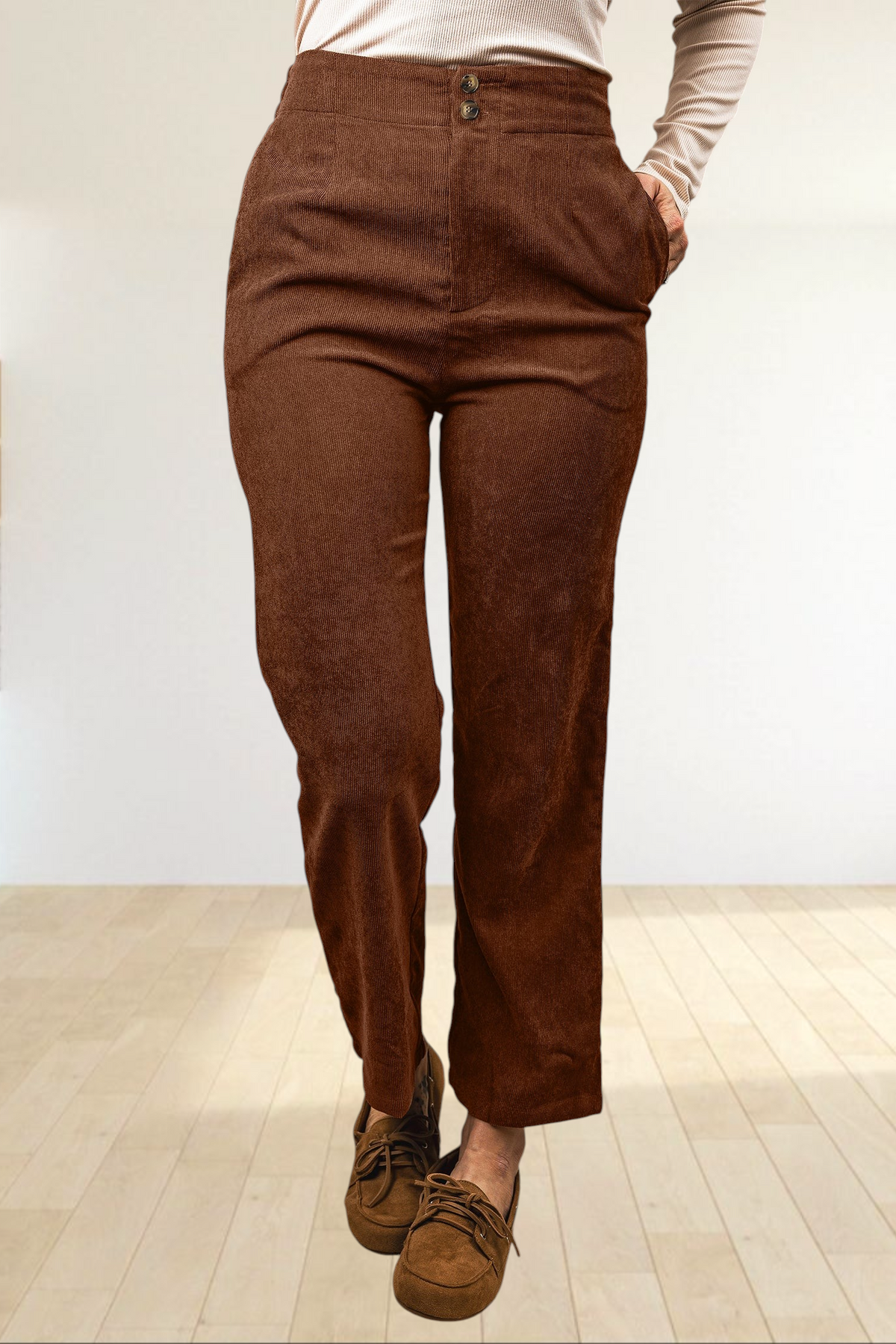 Baya Wear coffee brown high-waisted corduroy straight-leg trousers with a double-button closure and ankle-length cut.