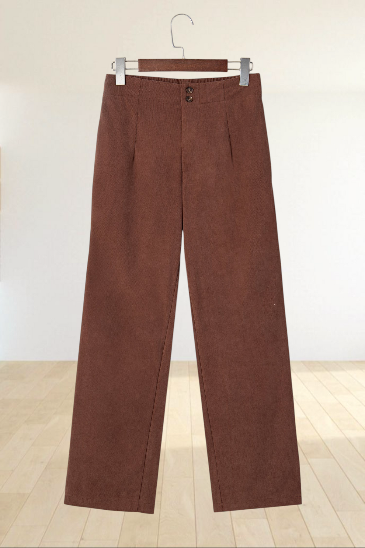 Baya Wear coffee brown high-waisted corduroy straight-leg trousers with a double-button closure and elastic back.