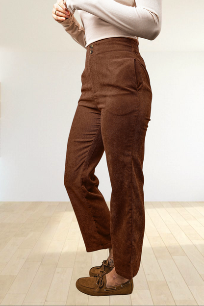 Baya Wear high waisted coffee brown corduroy straight leg trousers with an elastic back and double-button closure.
