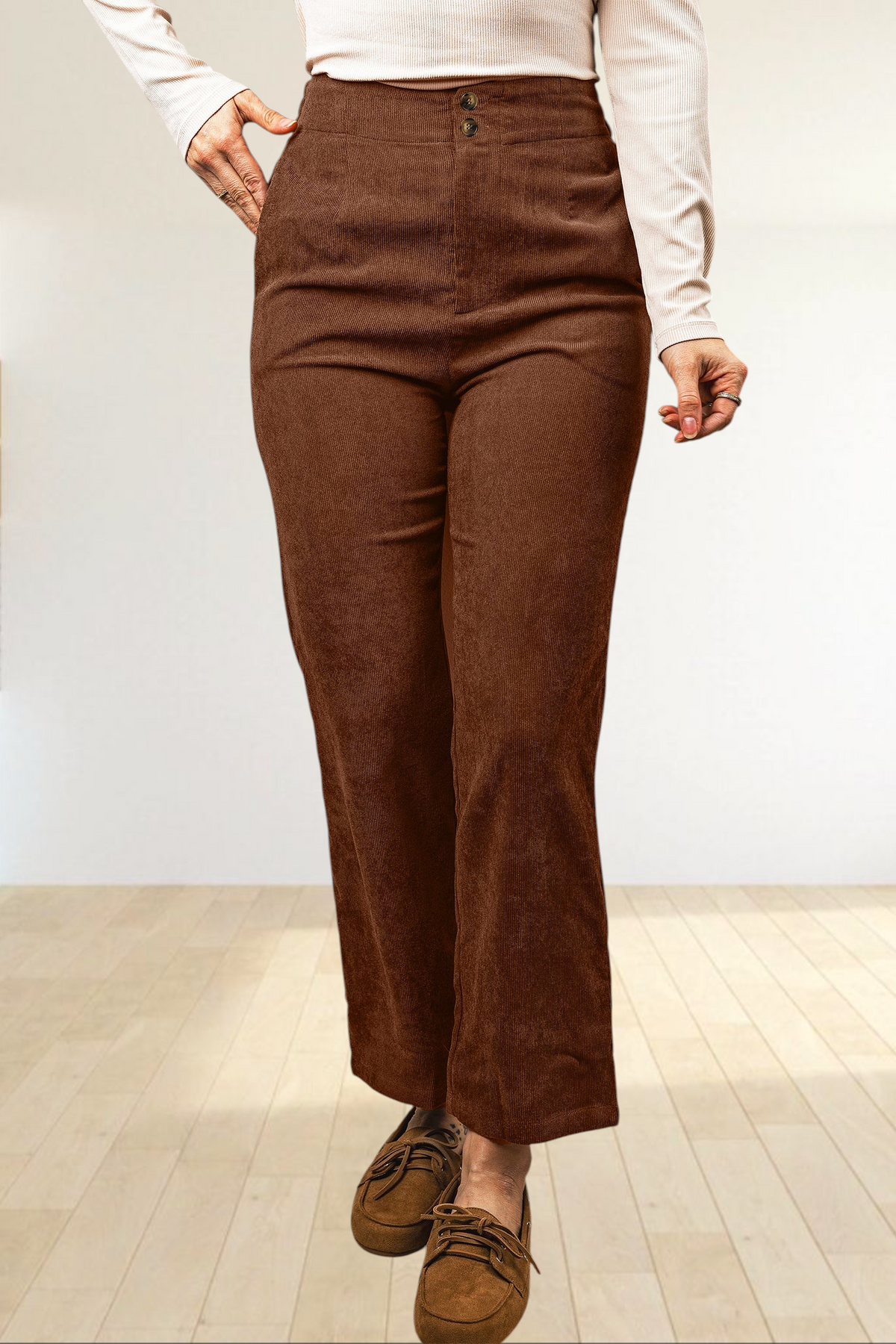 Baya Wear coffee brown high-waisted corduroy straight-leg trousers with a double-button closure and ankle-length cut.