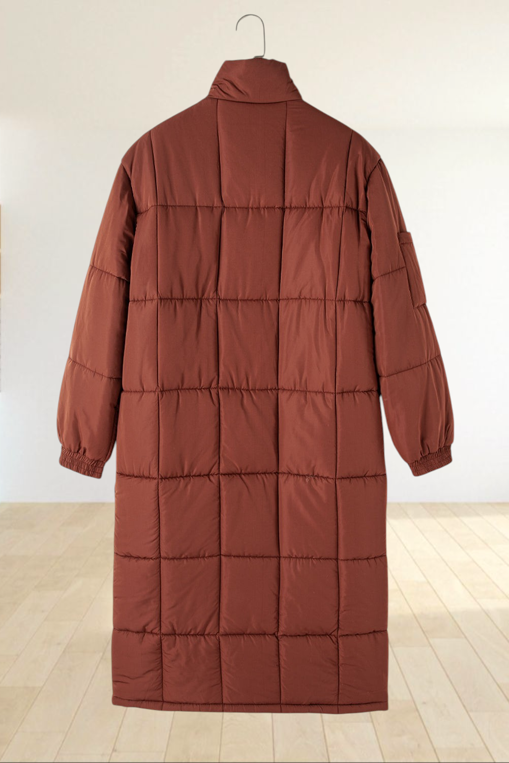 Baya Wear coffee brown mid-length quilted puffer jacket with a stand neck and elasticized cuffs, back view.