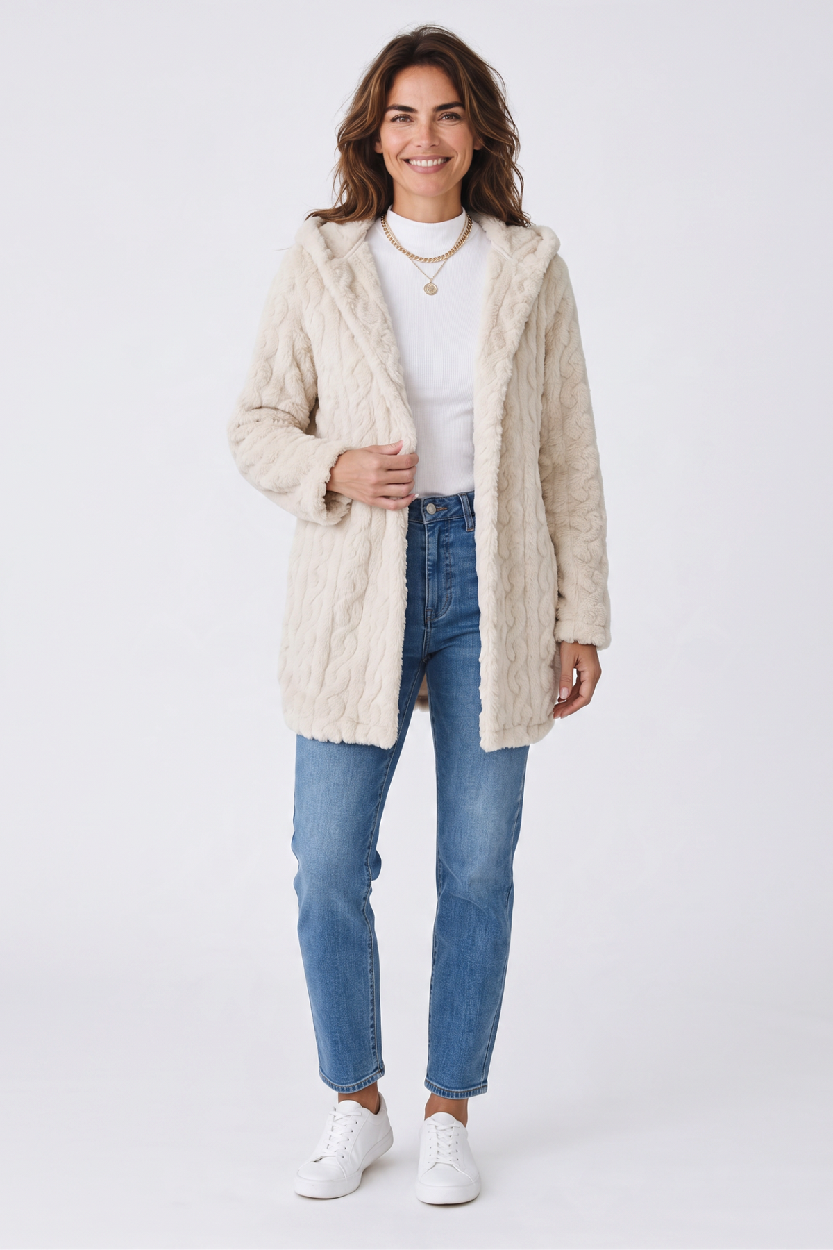 Baya Wear cream hooded fleece cardigan with cable-style texture worn over a white top and blue jeans