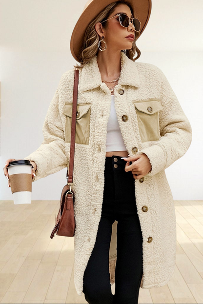 Baya Wear longline teddy fleece shacket in cream with contrast corduroy chest pockets and button-front closure.
