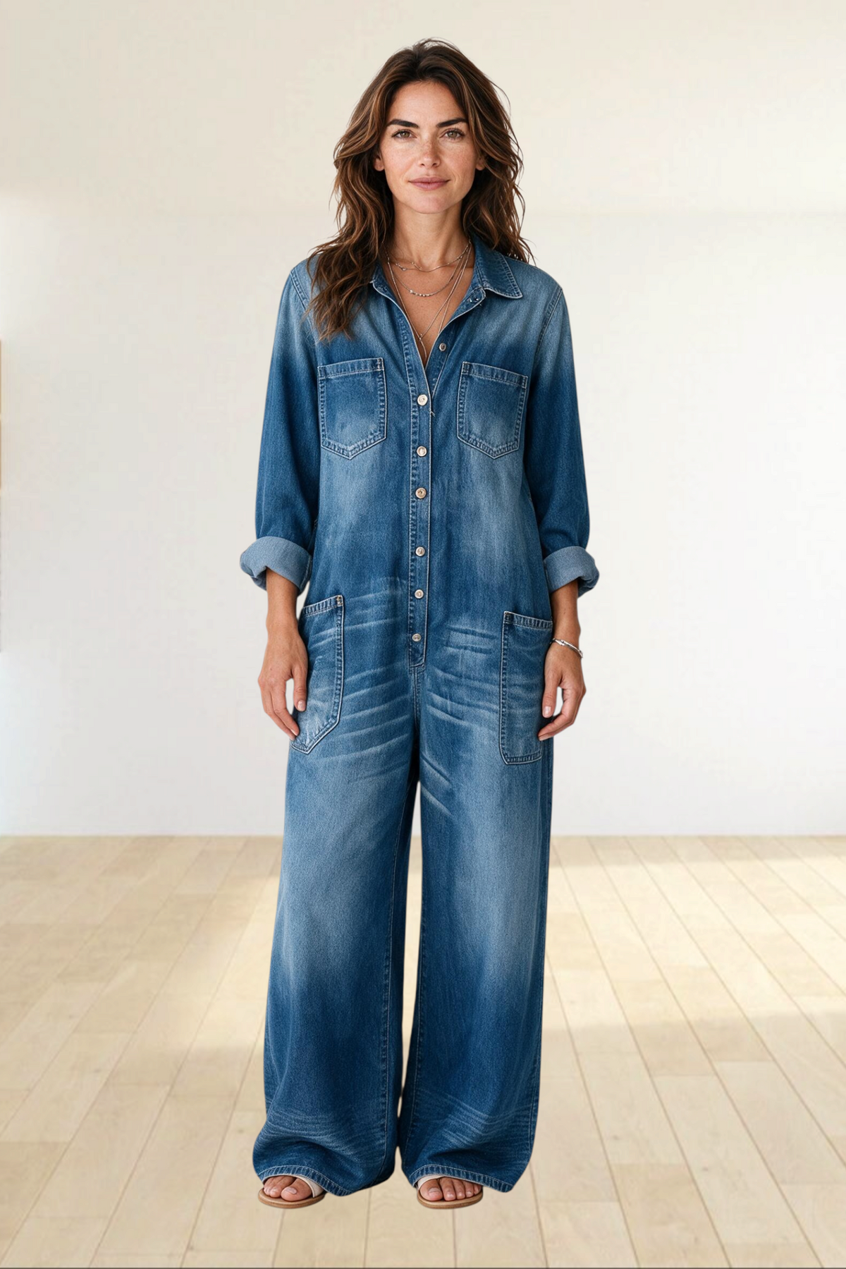 Woman wearing a Baya Wear casual blue denim button-down jumpsuit with wide legs and front pockets