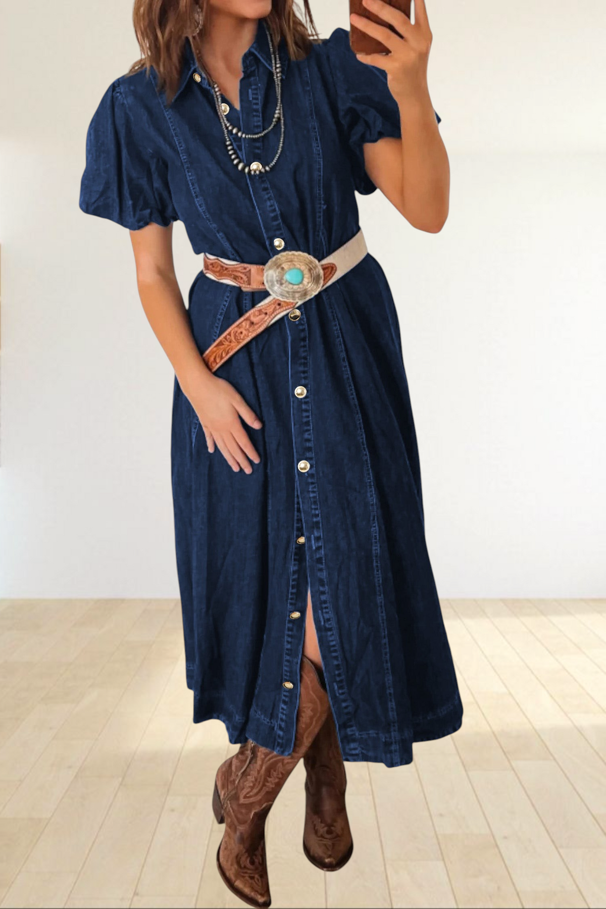 Baya Wear dark denim midi dress with puff sleeves, button-down front, and a decorative western-style belt.