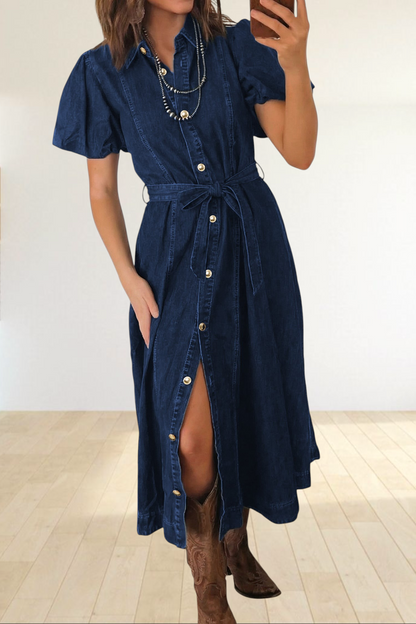Baya Wear dark blue denim midi dress with puff sleeves, button-down front, and matching tie-waist belt.