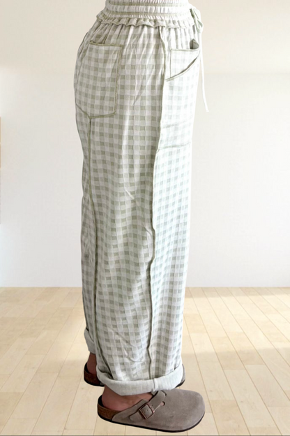 Baya Wear light green and white gingham wide leg lounge pants with drawstring waist and contrast stitching side view