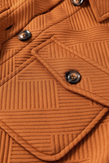 Baya Wear gold flame textured longline button down shirt jacket with geometric pattern and chest pocket detail