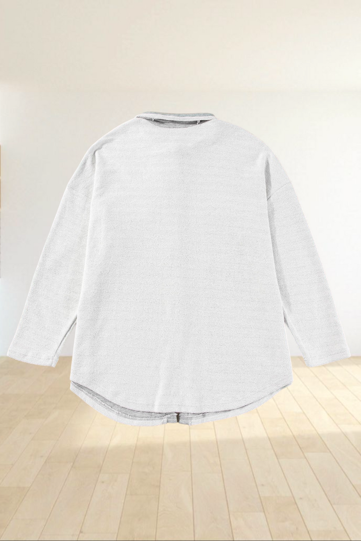 Back view of Baya Wear gray textured shacket with a relaxed oversized fit and curved hemline.