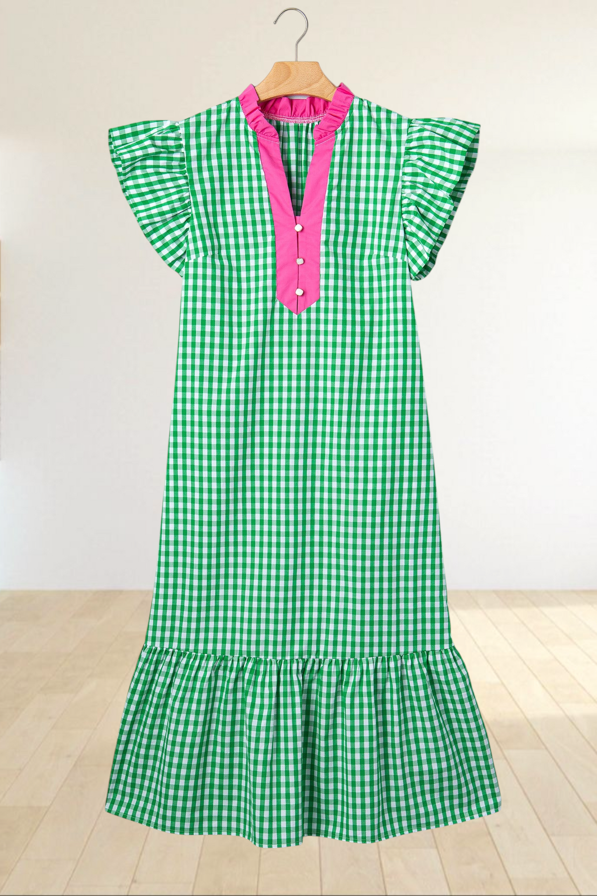 Baya Wear green and white gingham midi dress with hot pink collar, flutter sleeves, and tiered ruffle hem.