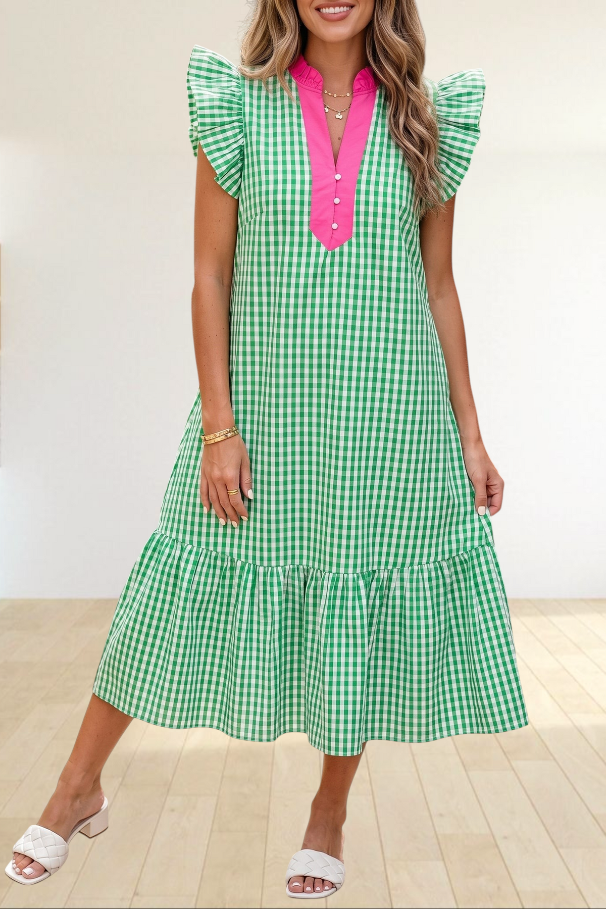 Baya Wear green and white gingham midi dress with hot pink collar, flutter sleeves, and tiered ruffle hem.