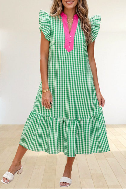 Baya Wear green and white gingham midi dress with hot pink collar, flutter sleeves, and tiered ruffle hem.