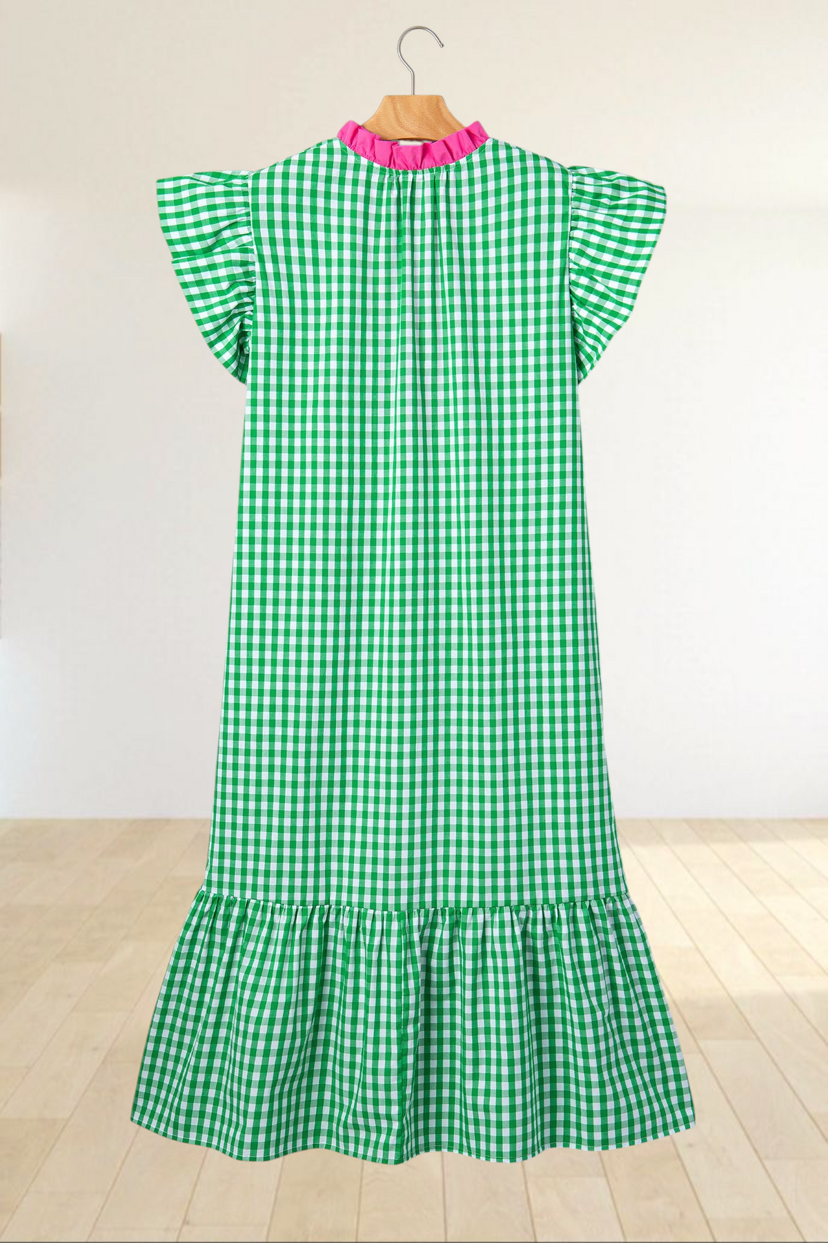 Baya Wear green and white gingham midi dress with flutter sleeves, hot pink collar, and tiered ruffle hem.