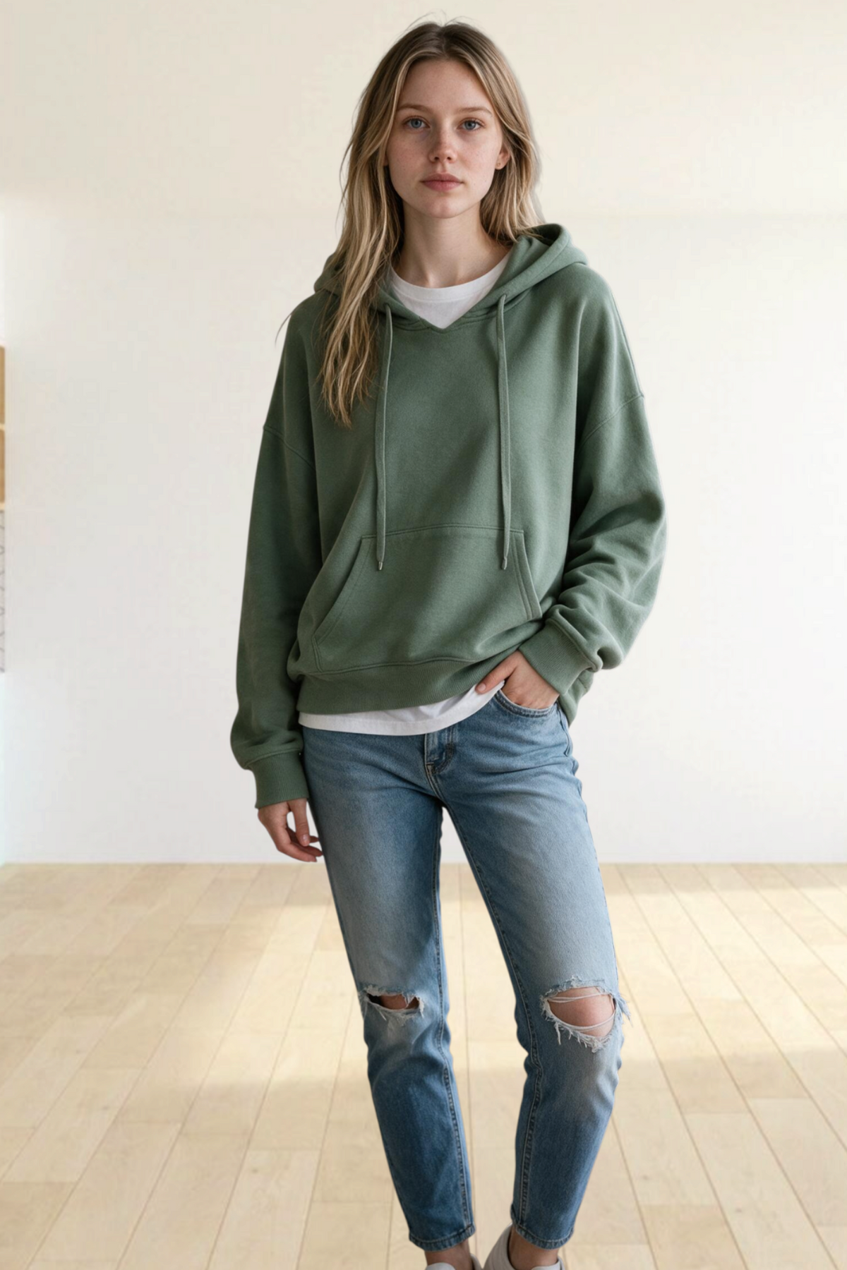 Baya Wear green vintage washed oversized pullover hoodie with kangaroo pocket worn by a woman with blue jeans