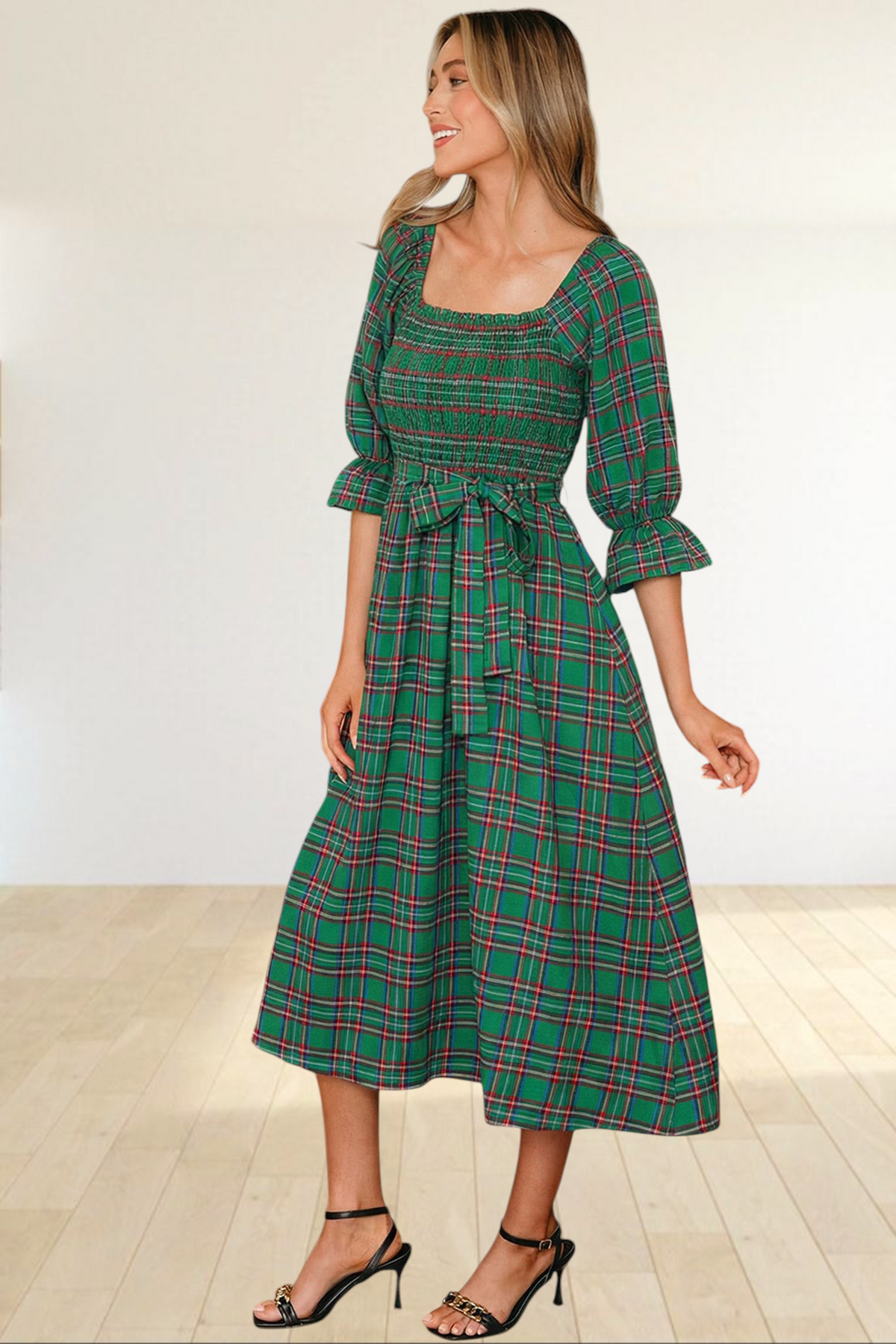 Baya Wear green tartan plaid midi dress with smocked bodice, square neckline, puff sleeves, and waist tie.