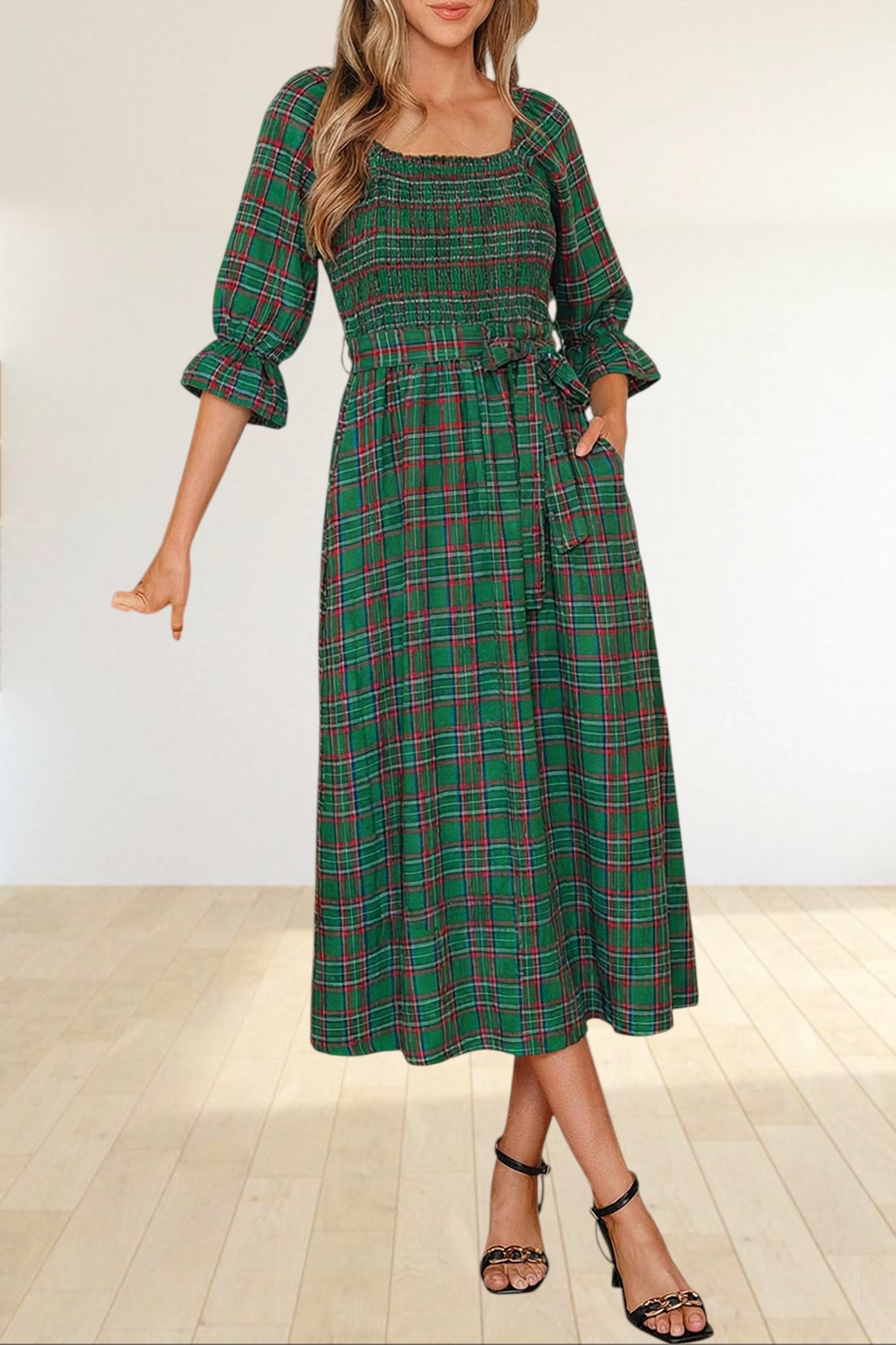 Baya Wear green tartan plaid midi dress with smocked bodice, square neckline, puff sleeves, and side pockets.