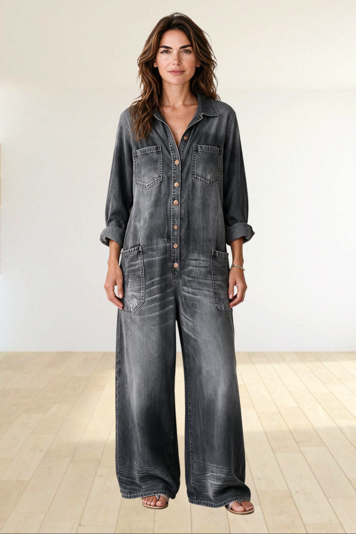 Baya Wear casual grey denim jumpsuit with button-down front, chest pockets, and wide-leg fit worn by a woman