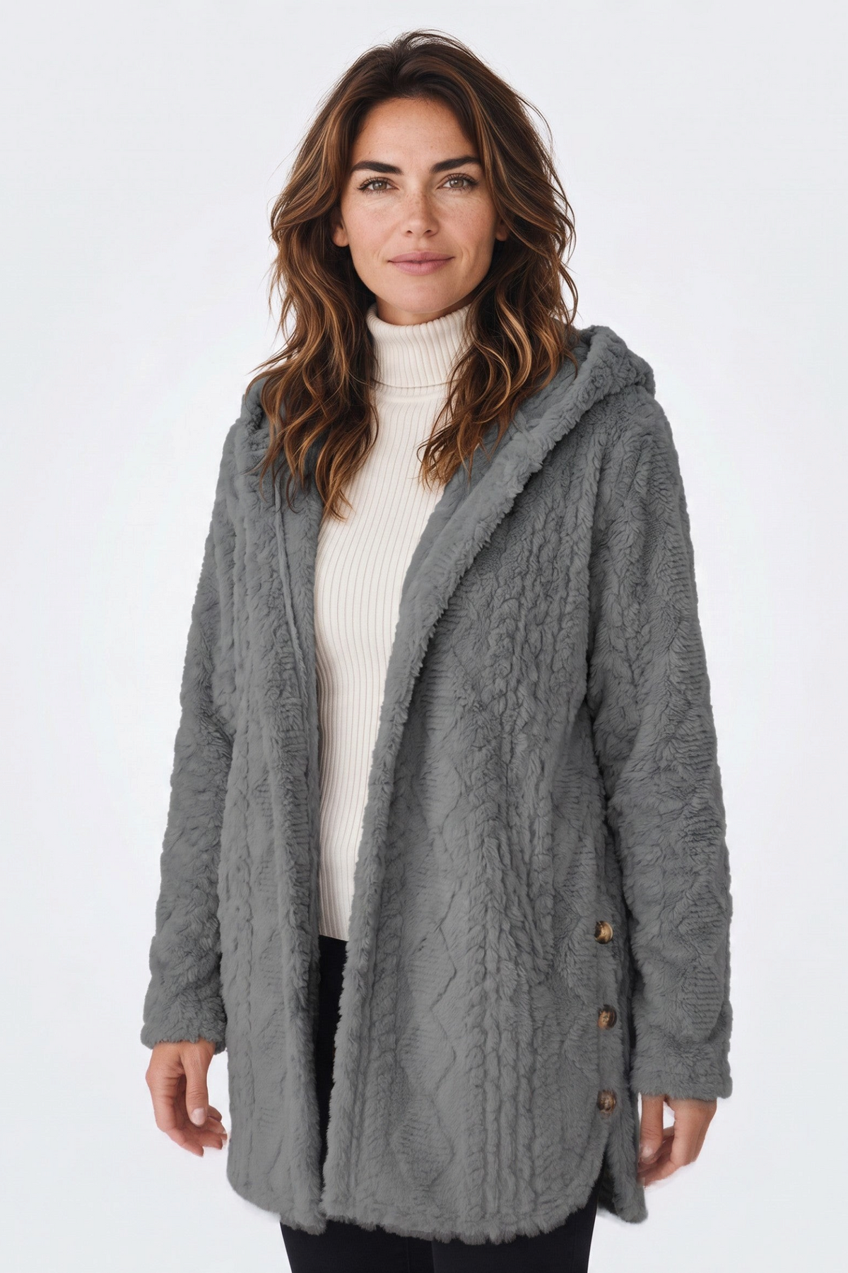 Baya Wear grey hooded fleece cardigan with cable-style texture, button-front, and decorative side buttons.