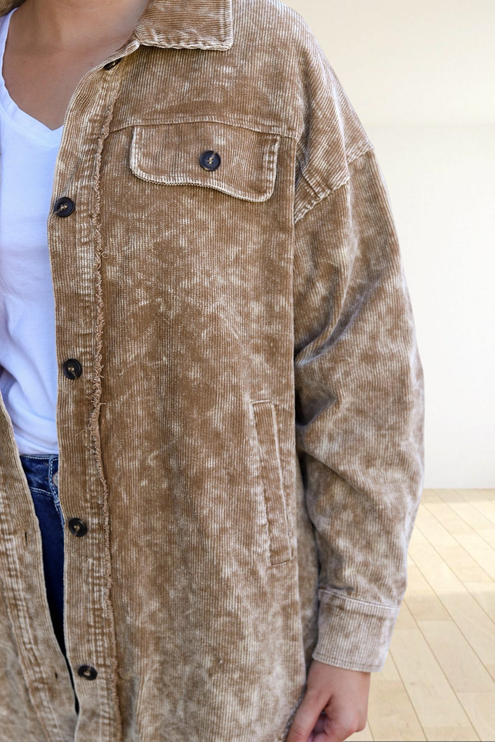 Baya Wear khaki distressed mineral wash corduroy shacket with chest pockets and button-down front